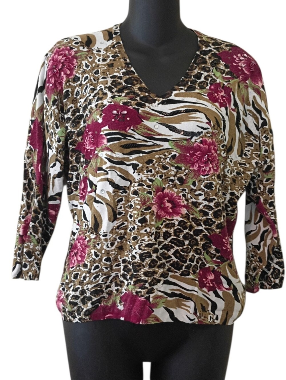 Floral Animal Print Top Women's Red Black Brown White 3/4 Sleeve V Neck Top Sz M